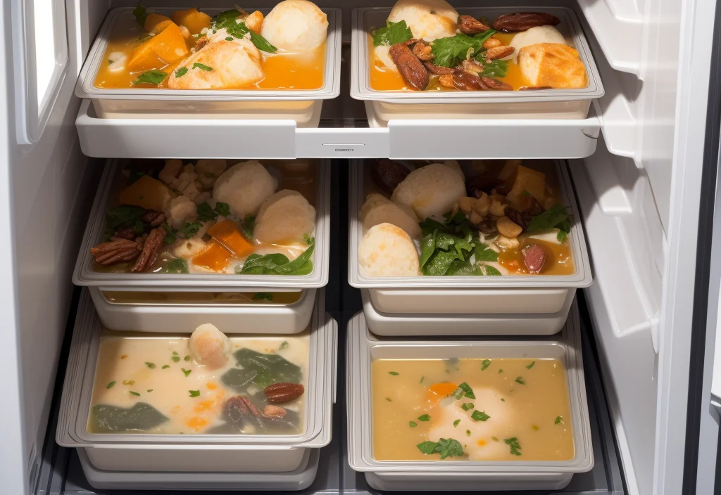 Frozen meals neatly arranged in a freezer, featuring soup with vegetables, dumplings, and garnishes in rectangular containers.