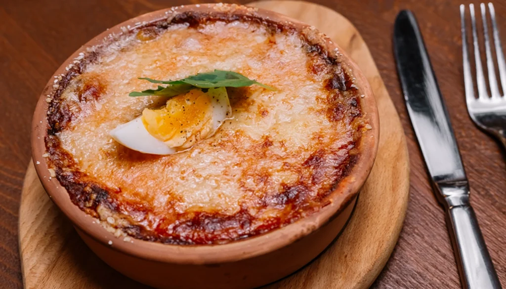 A baked casserole topped with melted cheese and half a boiled egg, served in a terracotta dish.