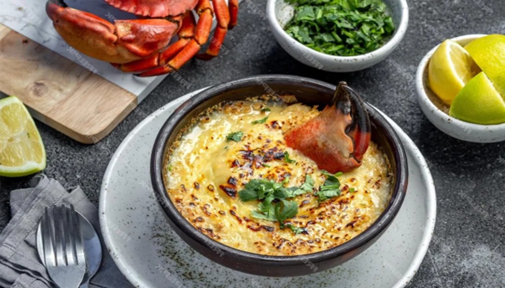 A baked crab dish served in a ceramic bowl, garnished with fresh parsley and accompanied by a crab claw.