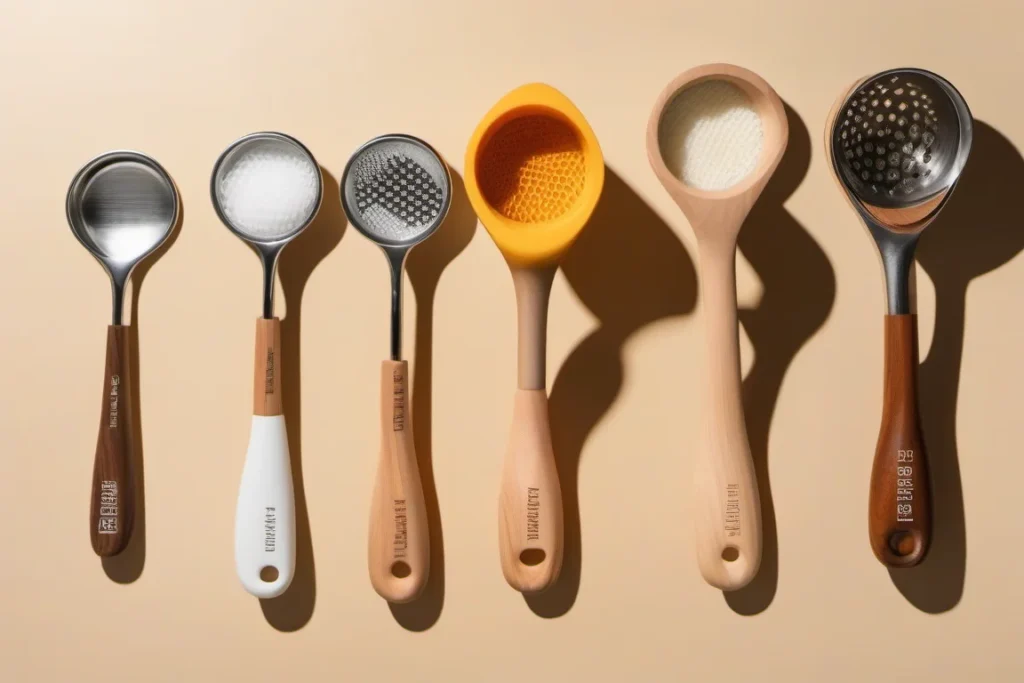 A set of six kitchen utensils featuring various designs and materials, including metal, wood, silicone, and mesh, arranged neatly on a beige background.