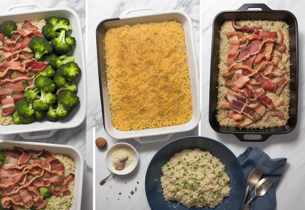 A step-by-step display of a casserole being made with broccoli, bacon, and a golden breadcrumb topping. Final plating and serving options are also shown.