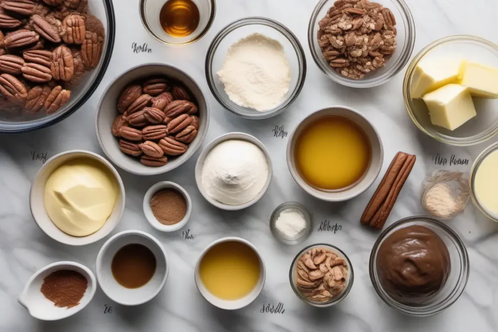 An assortment of baking ingredients including pecans, butter, flour, sugar, eggs, and vanilla, arranged on a marble surface in small bowls.