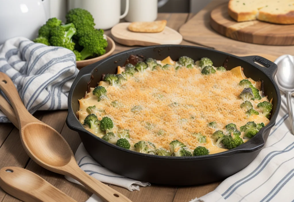 A freshly baked broccoli cheese casserole in a black skillet, topped with golden breadcrumbs and surrounded by kitchen utensils and ingredients, including fresh broccoli and a striped kitchen towel.