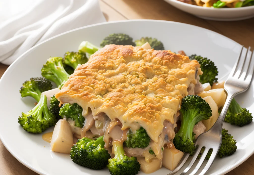 A slice of broccoli and chicken casserole topped with creamy cheese sauce, served with fresh broccoli florets on a white plate.