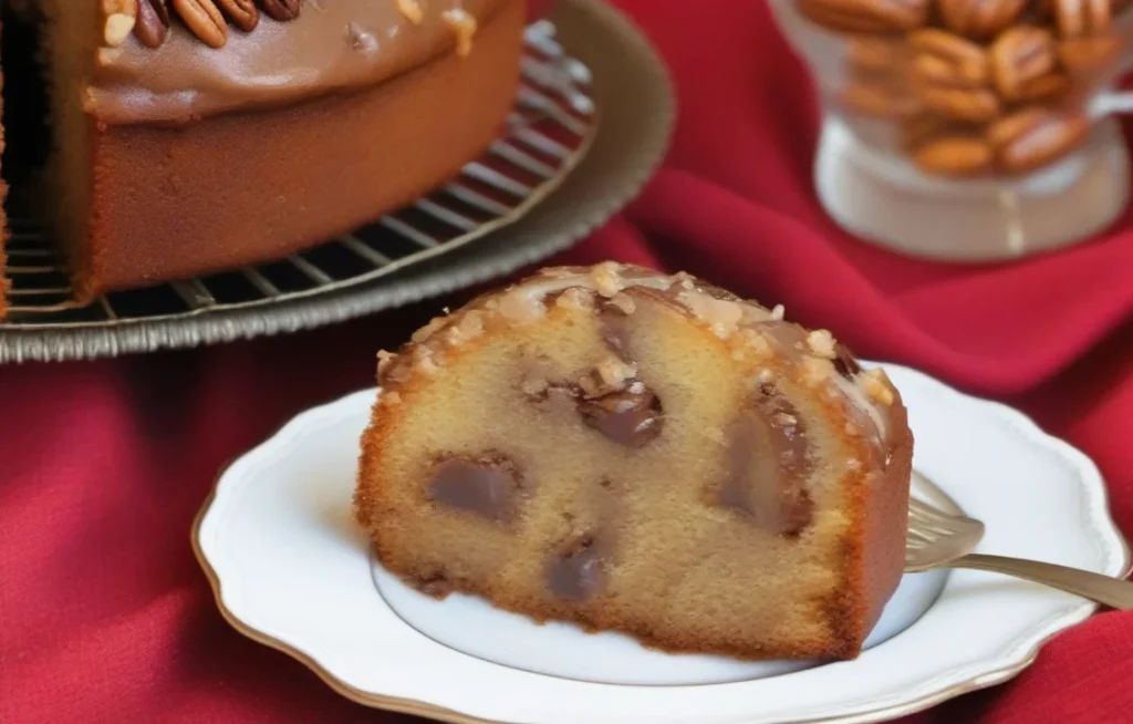 A caramel-glazed bundt cake with a pecan garnish, featuring a close-up of a single slice on a white plate.