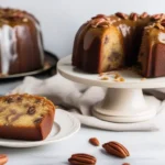 A caramel pecan bundt cake with a glossy caramel glaze, garnished with pecans, and a slice served on a white plate.