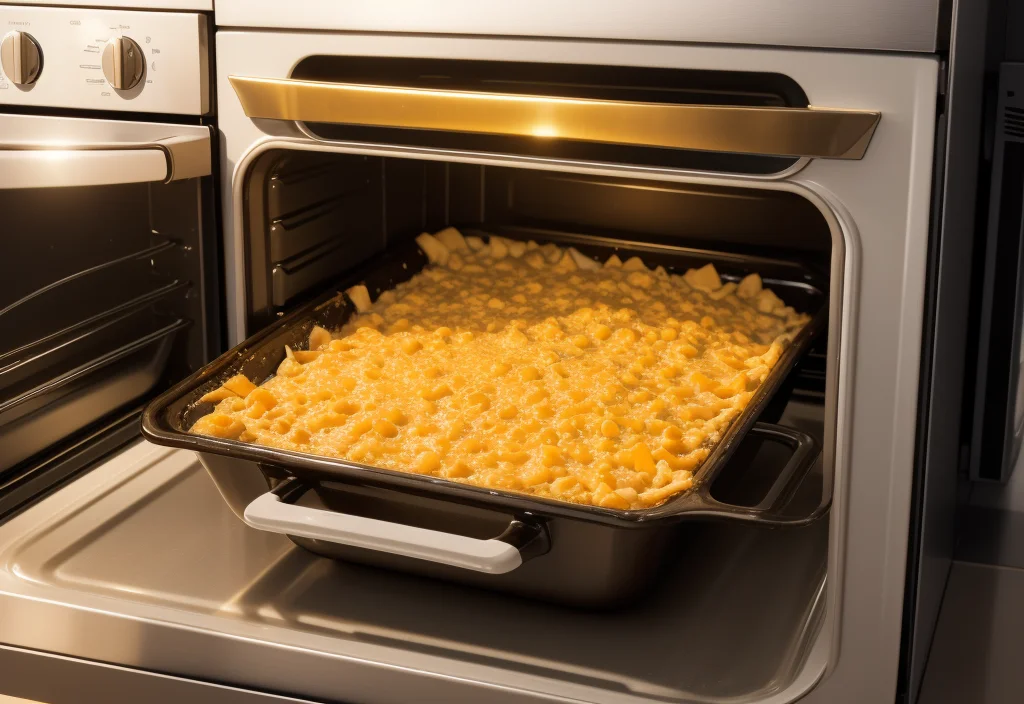 A golden broccoli and cheese casserole baking in the oven, with bubbly cheese on top.