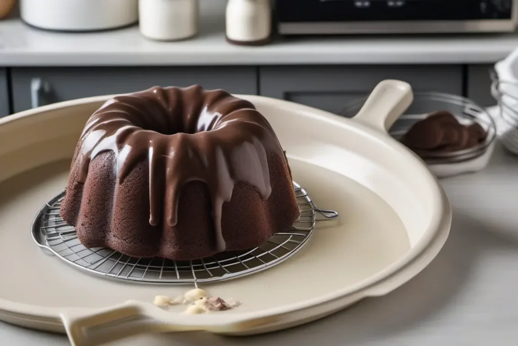 A chocolate-glazed bundt cake on a cooling rack, placed on a beige platter in a modern kitchen.