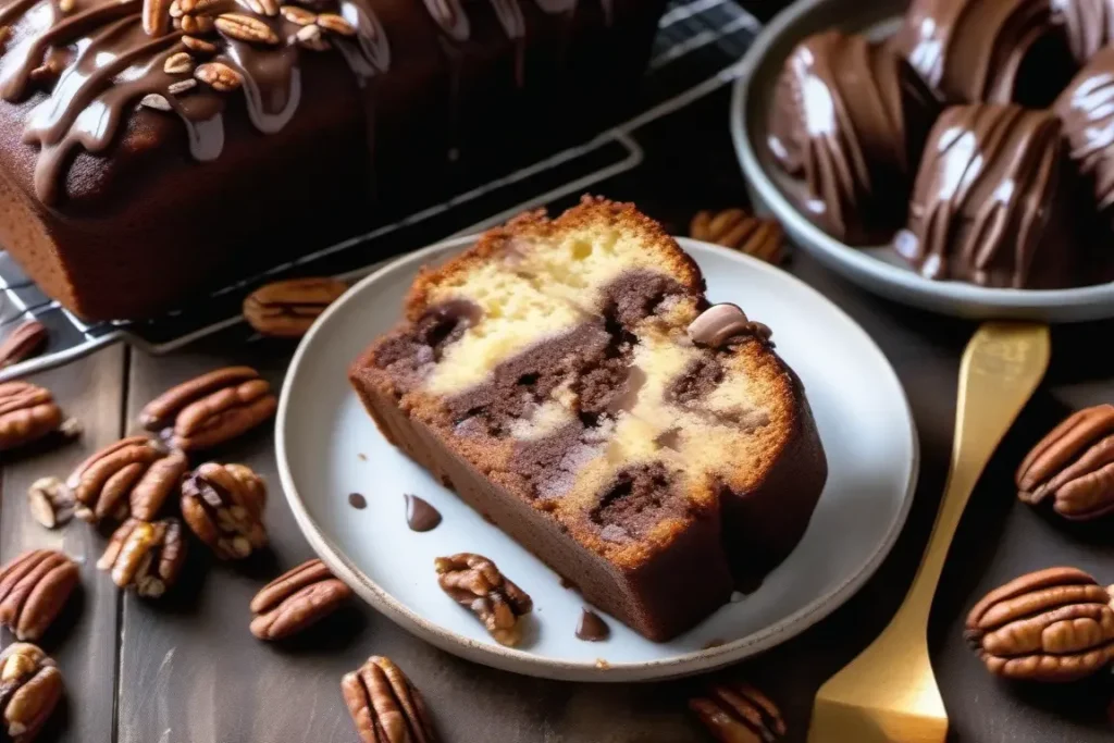 A close-up of a slice of chocolate marble loaf cake with pecans and chocolate chips, served on a white plate. The cake features rich swirls of chocolate and vanilla, with additional whole pecans scattered around on a wooden table.