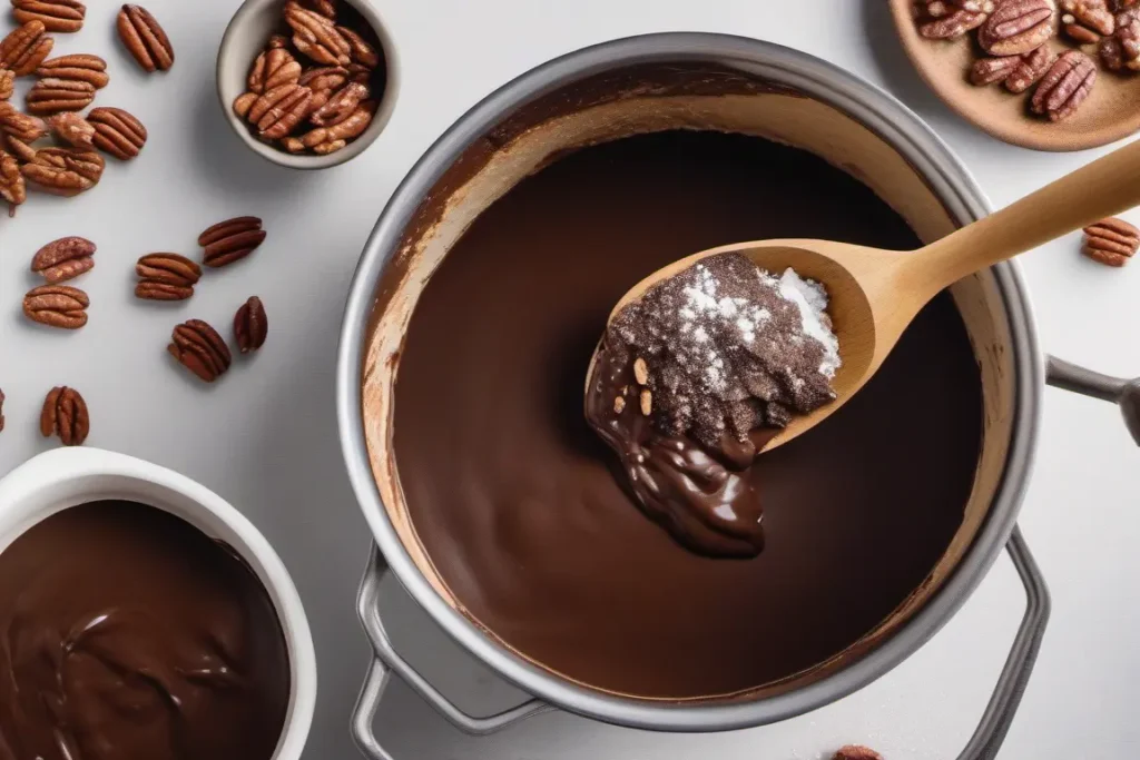 A pot of chocolate glaze with a wooden spoon lifting some glaze, surrounded by pecans on a white surface.