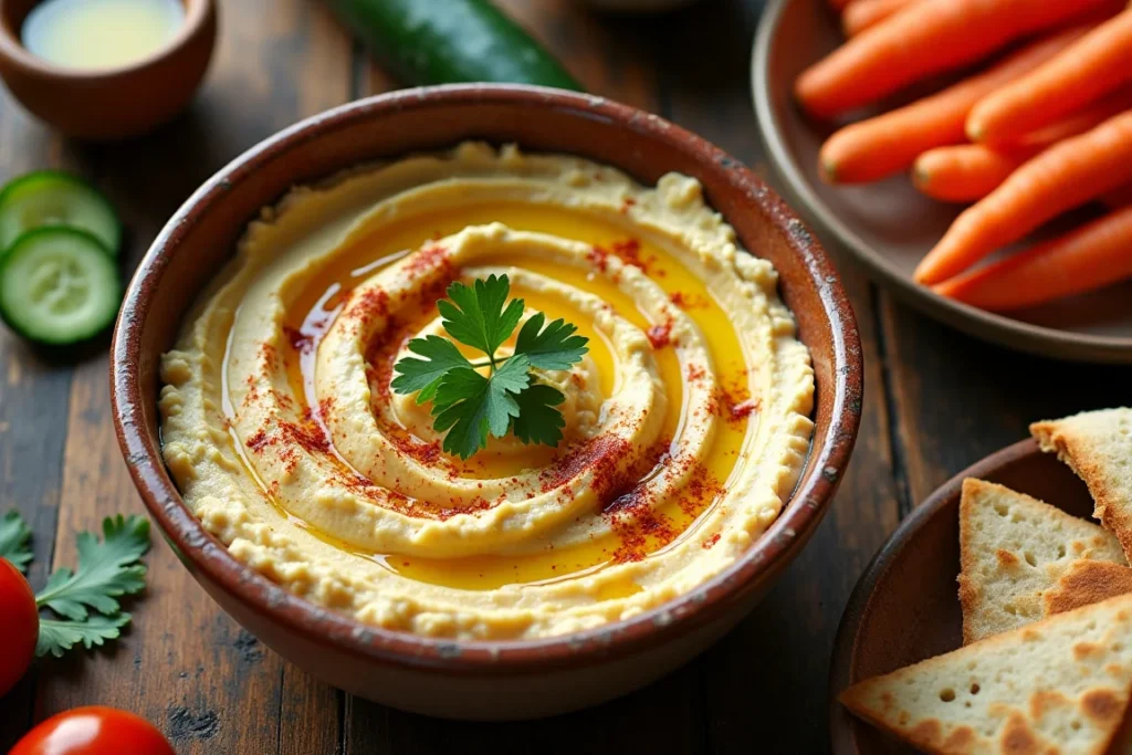 A ceramic creamy bowl , garnished with paprika, olive oil, and a parsley leaf, surrounded by fresh vegetables and pita bread.