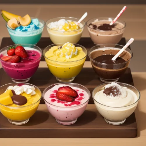 Nine colorful dessert bowls featuring mousse and pudding, topped with fresh fruits and whipped cream, demonstrating creative Ninja Creami Recipe ideas.