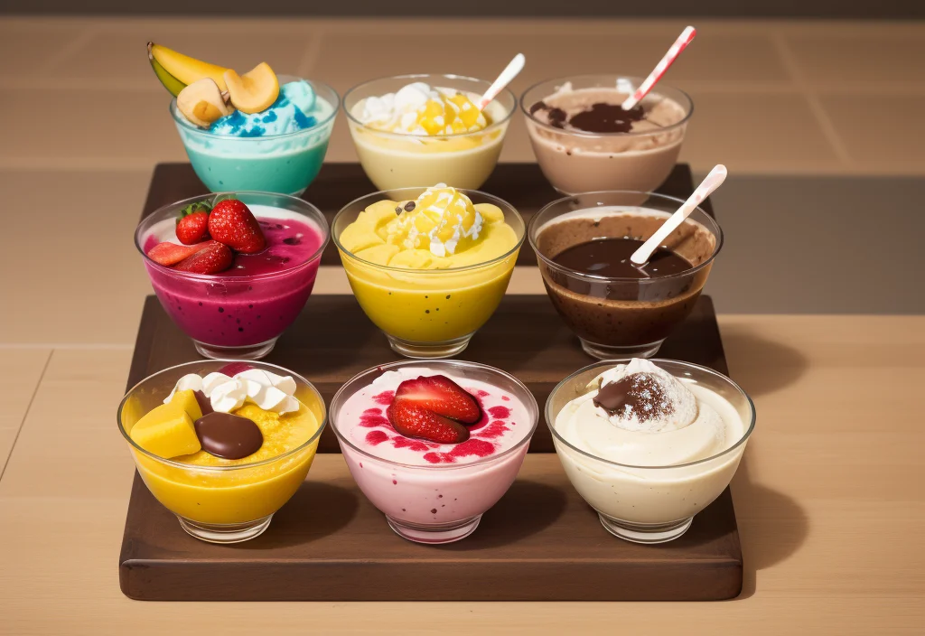 Nine colorful dessert bowls featuring mousse and pudding, topped with fresh fruits and whipped cream, demonstrating creative Ninja Creami Recipe ideas.