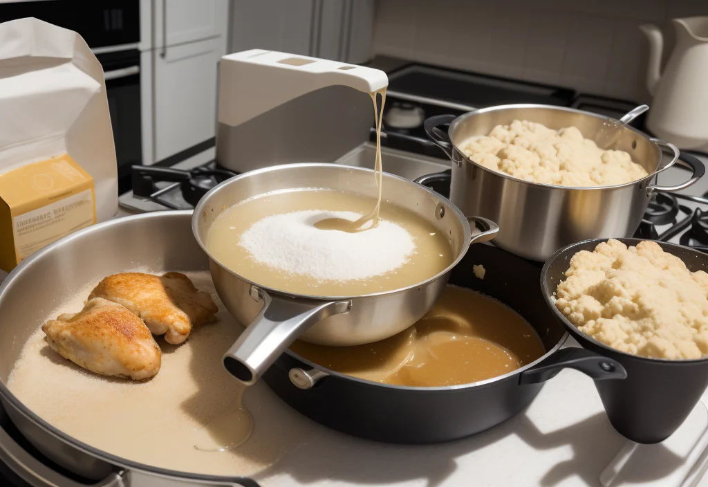 A stovetop setup showing ingredients for a meal: cooked chicken breasts in a skillet, simmering sauces in pots, and mashed potatoes in separate pans.