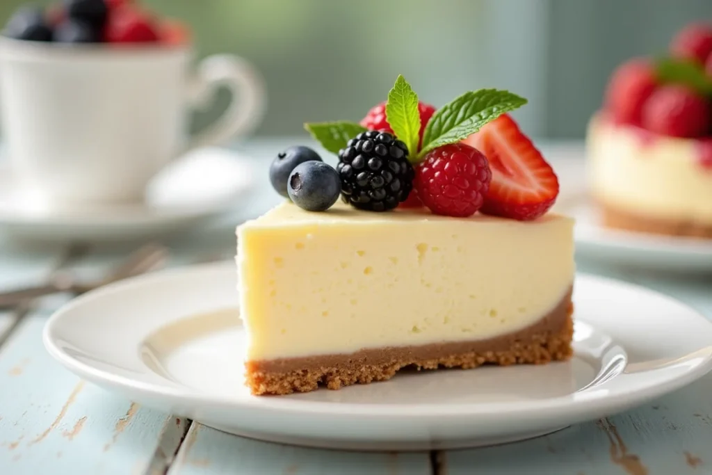 A slice of creamy cottage cheese cheesecake served with fresh berries and mint leaves.