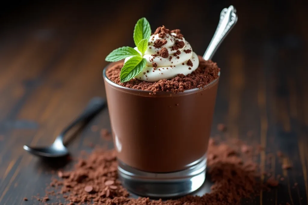 A glass of rich cottage cheese chocolate mousse topped with whipped cream and grated chocolate.