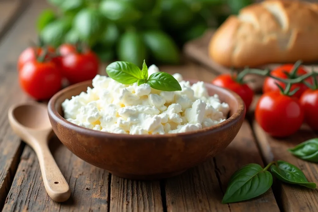 A bowl of fresh cottage cheese on a rustic wooden table surrounded by ingredients.Fresh cottage cheese: a versatile and nutritious ingredient for your recipes.