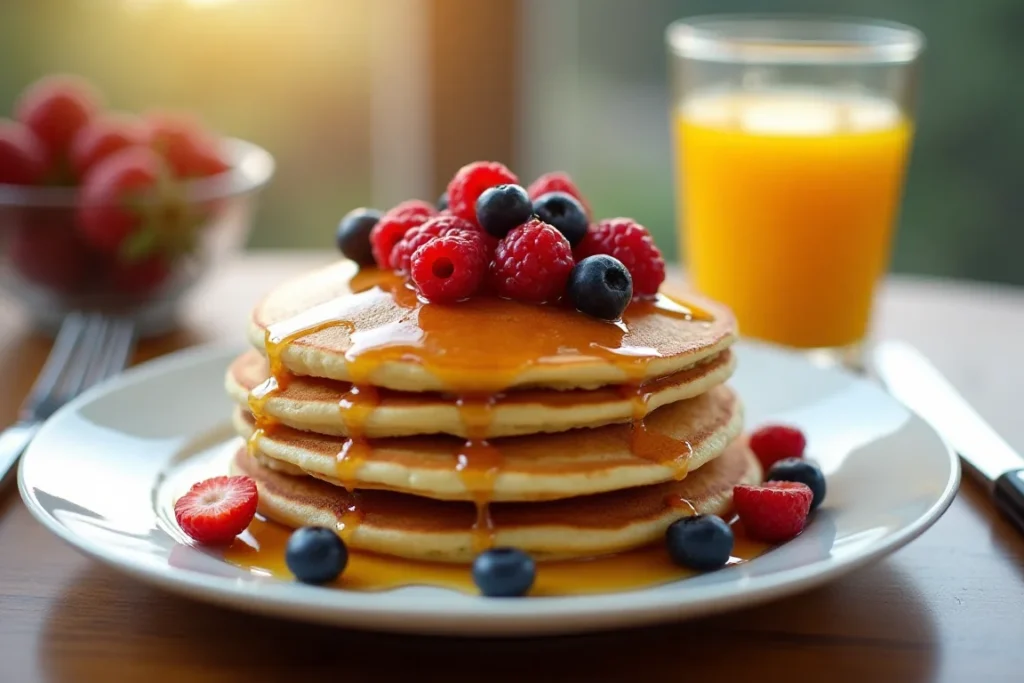 A stack of golden brown cottage cheese pancakes topped with fresh berries and honey.