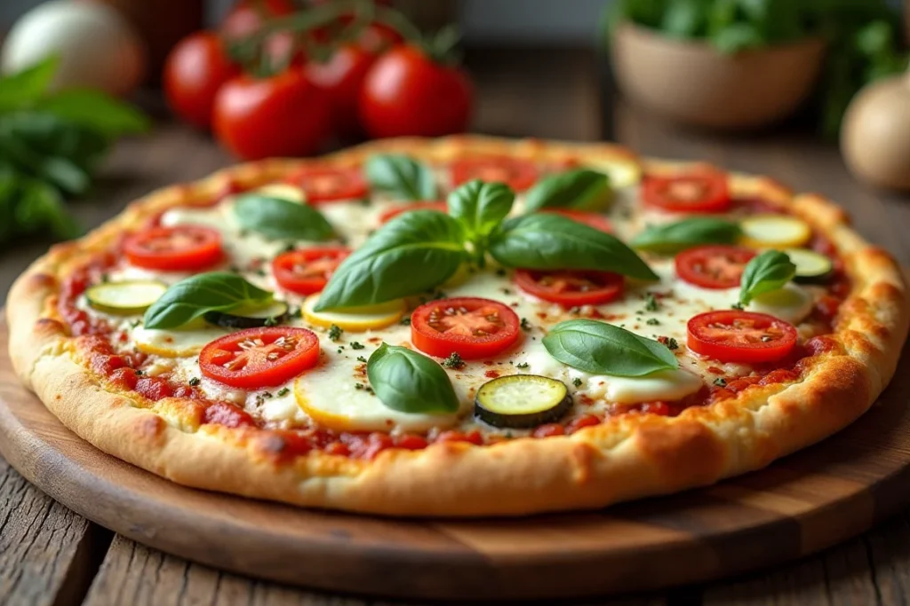 A healthy pizza with a cottage cheese crust, topped with fresh vegetables and basil.