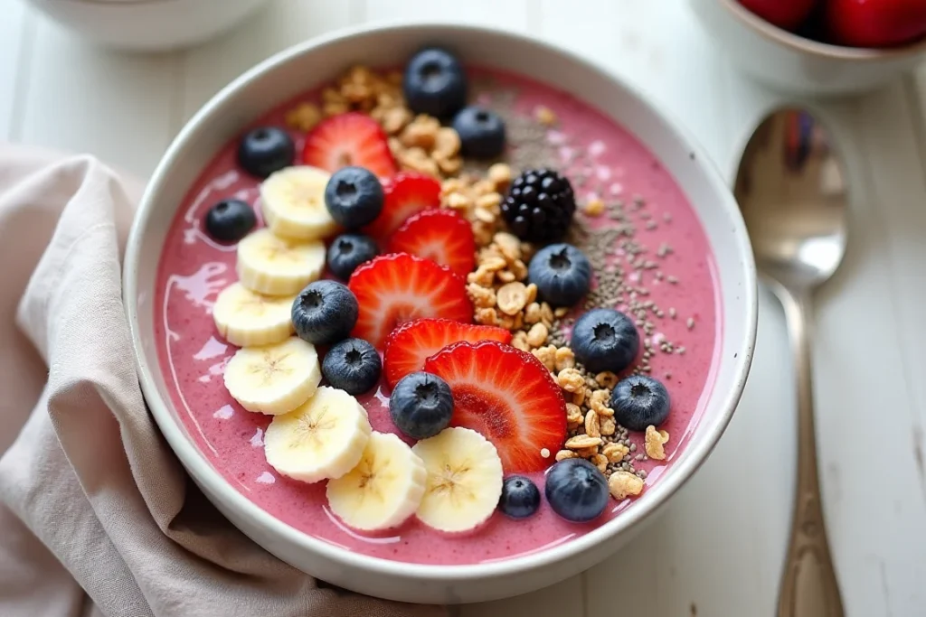 A vibrant smoothie bowl made with cottage cheese, topped with granola and fresh fruits.