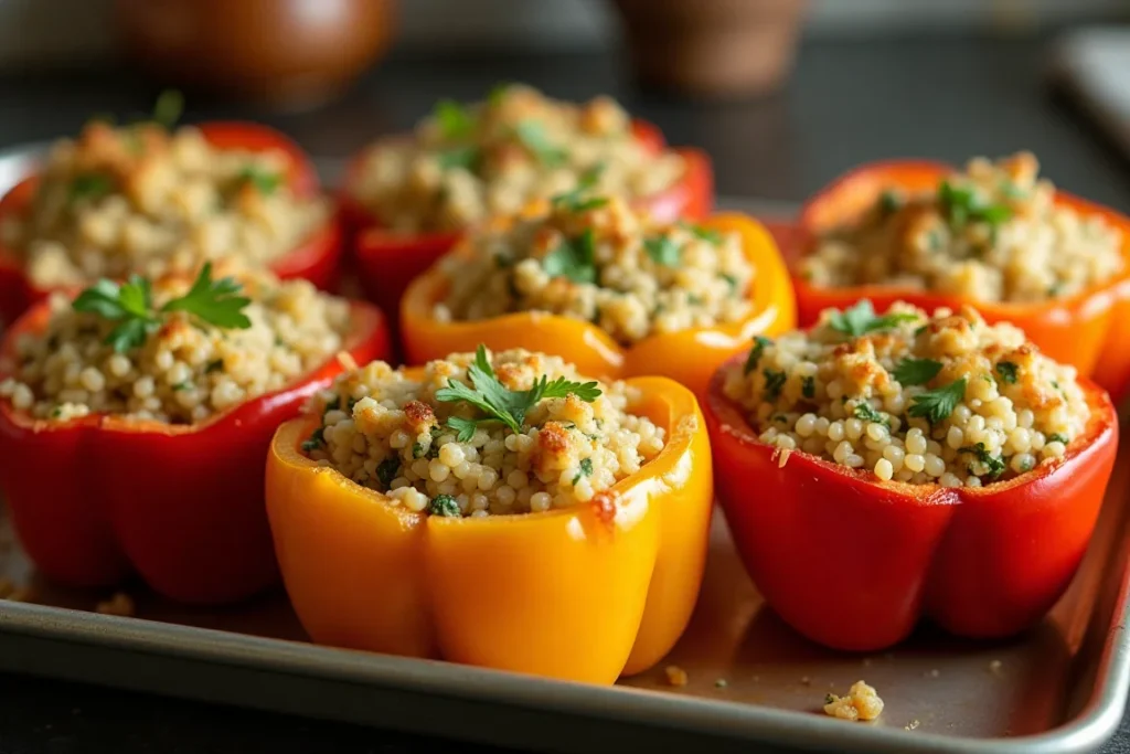 Colorful bell peppers stuffed with cottage cheese, quinoa, and vegetables, baked to perfection.