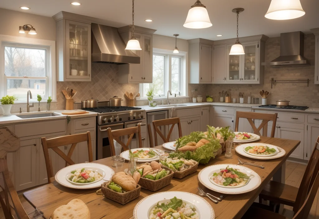 Olive Garden Zuppa Toscana: A country-style kitchen with a large wooden table set with salads, bread baskets, and plated meals.