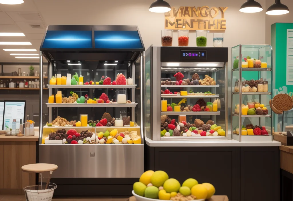 A dessert display case filled with colorful fruit, mousse, and ice cream scoops, offering inspiration for your next Ninja Creami Recipe.