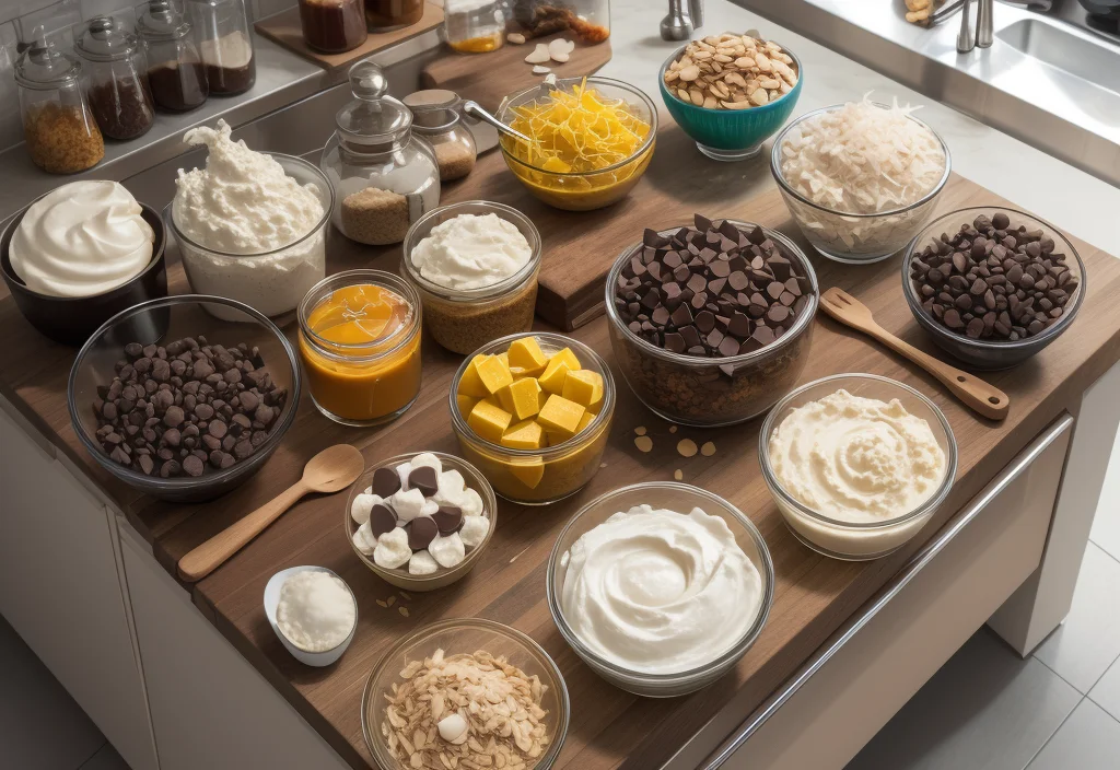 A collection of dessert toppings and ingredients, ideal for enhancing any Ninja Creami Recipe, including whipped cream, chocolate chips, mango cubes, marshmallows, and sliced almonds on a wooden counter.