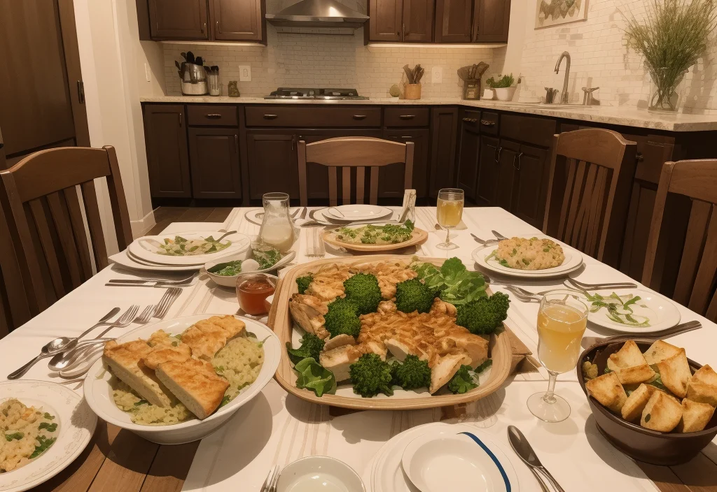 A dining table set with plates of broccoli casserole, rice pilaf, and a centerpiece platter of baked broccoli and cheese, surrounded by beverages and bread rolls.