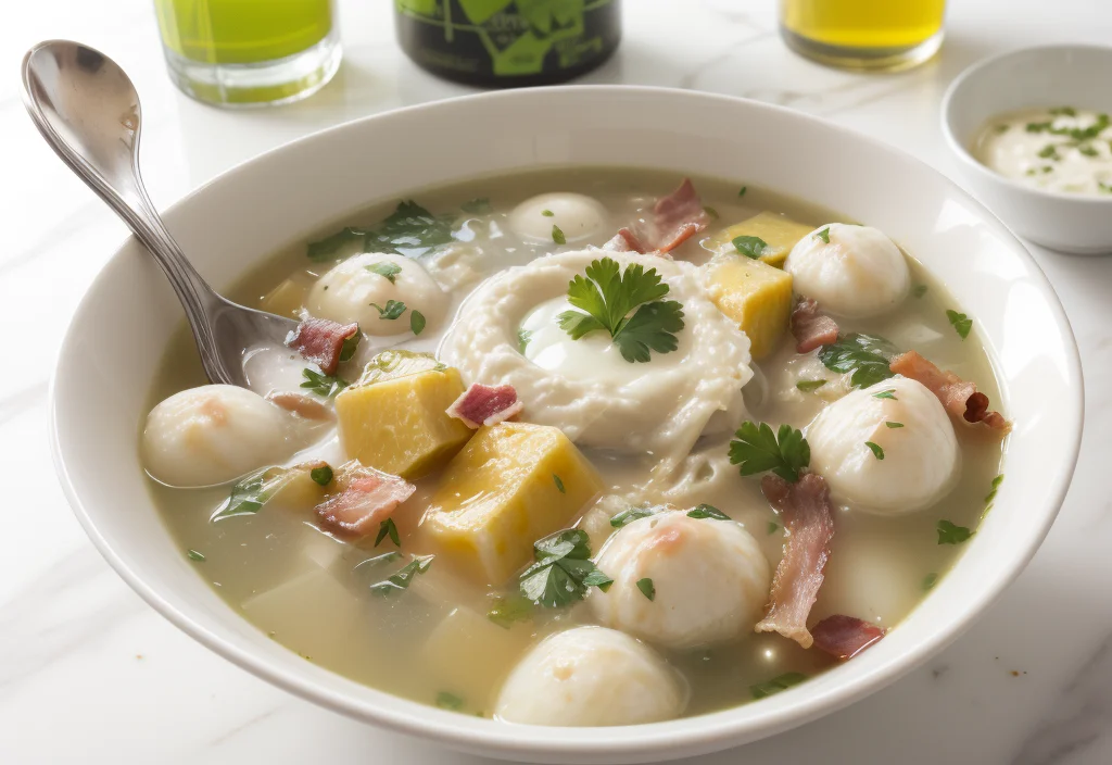 A bowl of clear soup with poached eggs, diced potatoes, bacon, and fresh herbs on a white marble countertop.