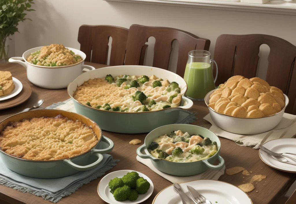 Multiple broccoli casseroles in baking dishes of various sizes, served on a wooden dining table with plates and a pitcher of green juice.