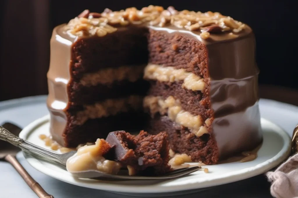 A German chocolate cake with multiple layers of chocolate and coconut pecan filling, with a slice cut out and served on a plate.