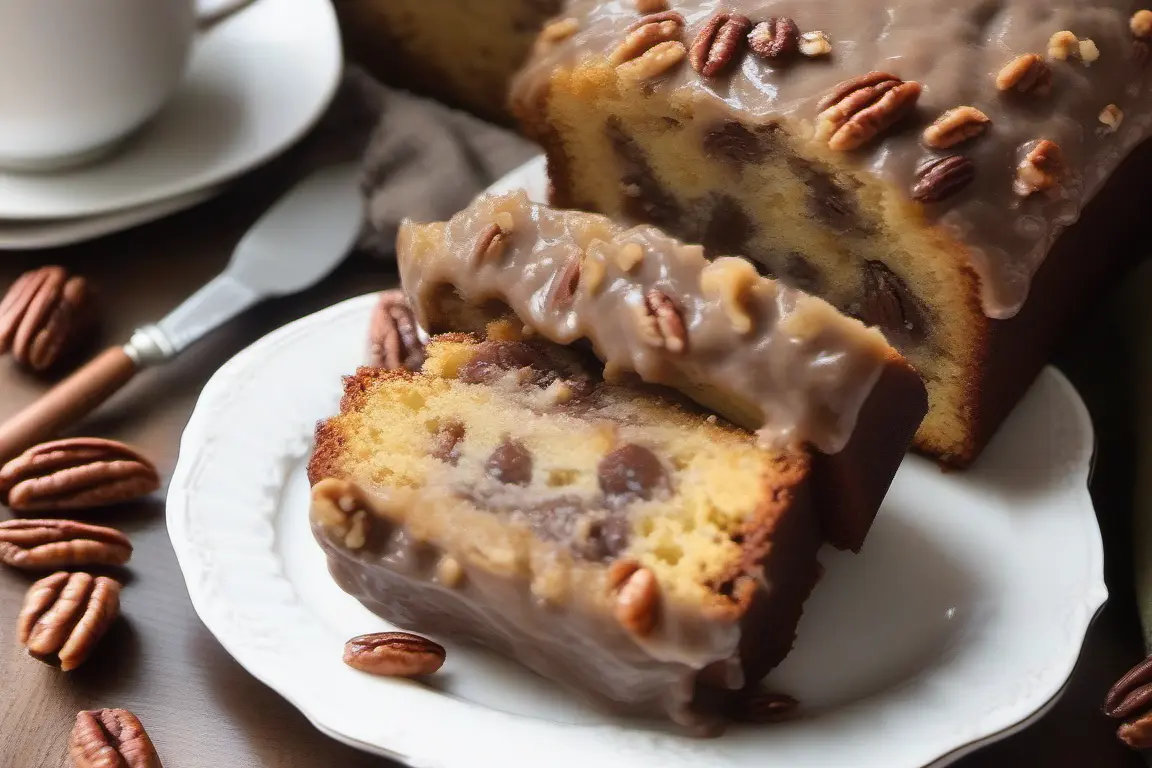 A slice of pecan chocolate chip loaf cake with caramel glaze on a white plate, surrounded by pecans.