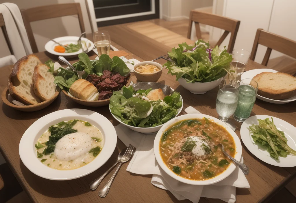 A dining table set with dishes of soup, salads, bread, and drinks in a cozy dining room: Olive Garden Zuppa Toscana