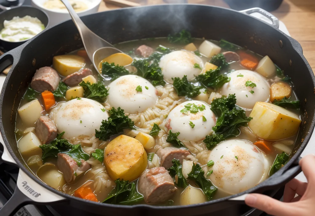 A large pot of hearty soup with eggs, sausage, kale, potatoes, and orzo pasta, simmering on the stovetop.