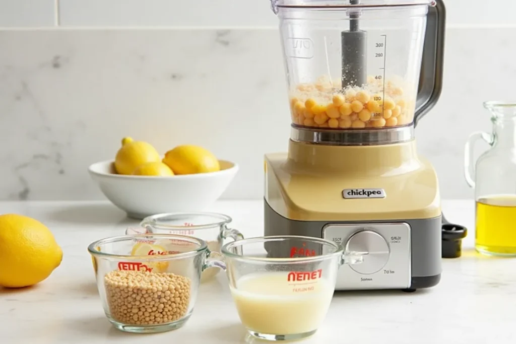 Authentic Traditional Hummus : A food processor blending chickpeas, surrounded by ingredients including lemons, tahini, garlic, and olive oil.