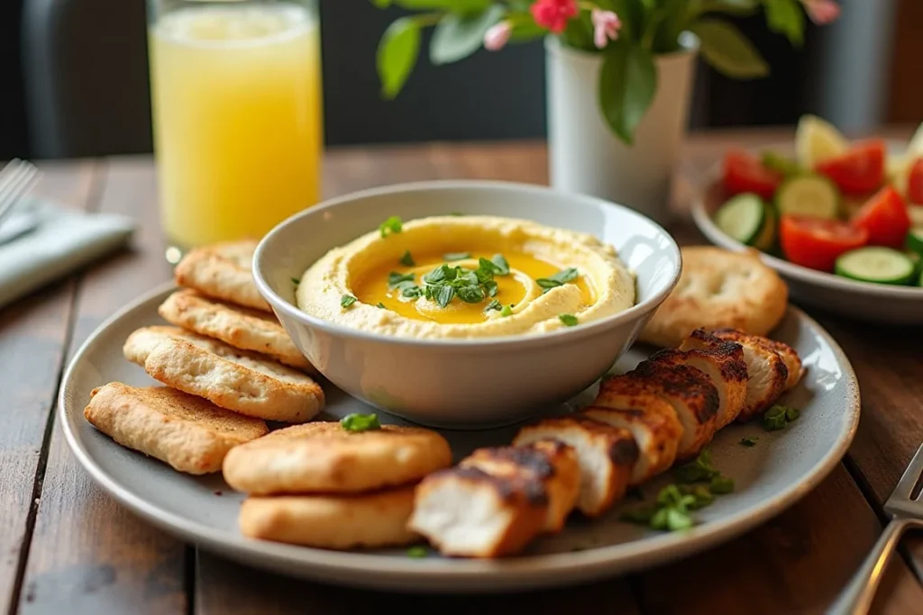 A plate featuring a bowl garnished with herbs, surrounded by pita bread, grilled chicken skewers, and a side salad, accompanied by orange juice.