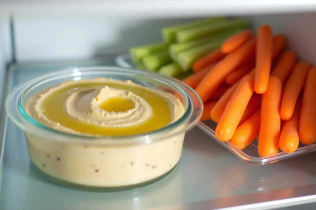 A clear bowl of Authentic Traditional Hummus garnished with olive oil, stored in a refrigerator alongside baby carrots and celery sticks.