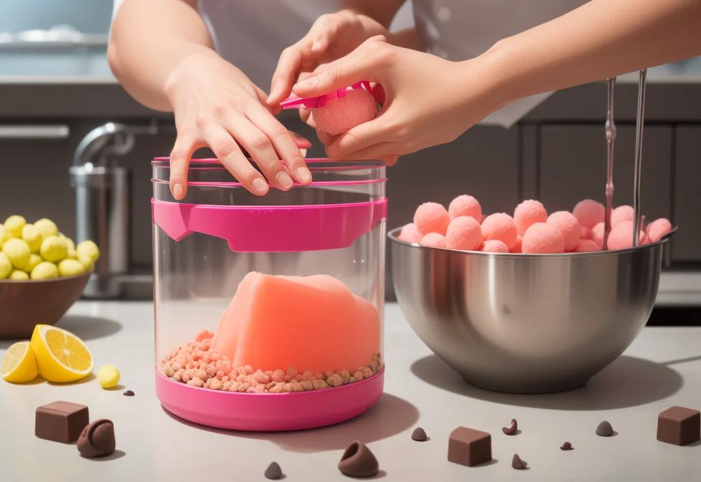 Hands assembling pink frozen dessert balls, a fun and creative Ninja Creami Recipe idea, with additional ingredients like chocolates and fruit on the counter.