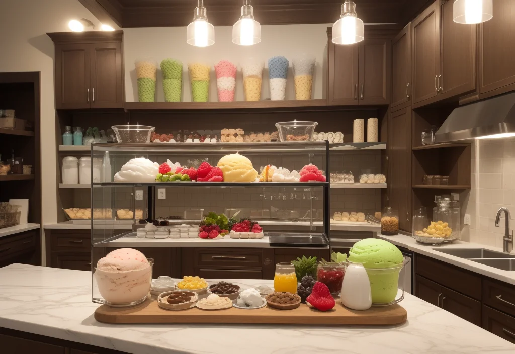 A luxurious dessert kitchen showcasing a display of vibrant ice cream scoops, fresh fruits, and toppings on a marble countertop. The background features shelves of waffle cones, jars of ingredients, and elegant cabinetry.