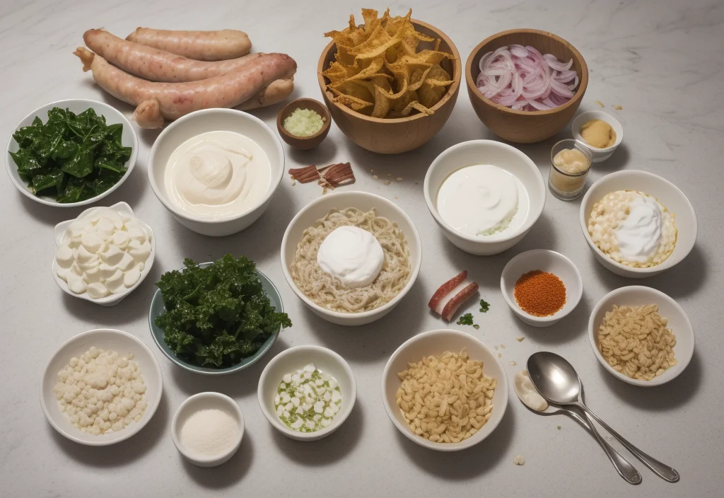 A table full of ingredients for preparing a meal, including kale, sausages, sauces, seasonings, and crunchy toppings in bowls.