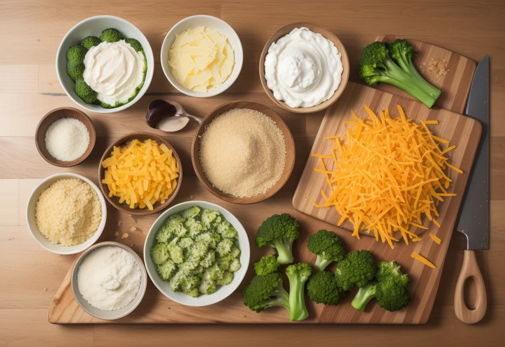 A wooden table with neatly arranged ingredients for broccoli casserole, including fresh broccoli, shredded cheese, breadcrumbs, sour cream, and grated Parmesan.