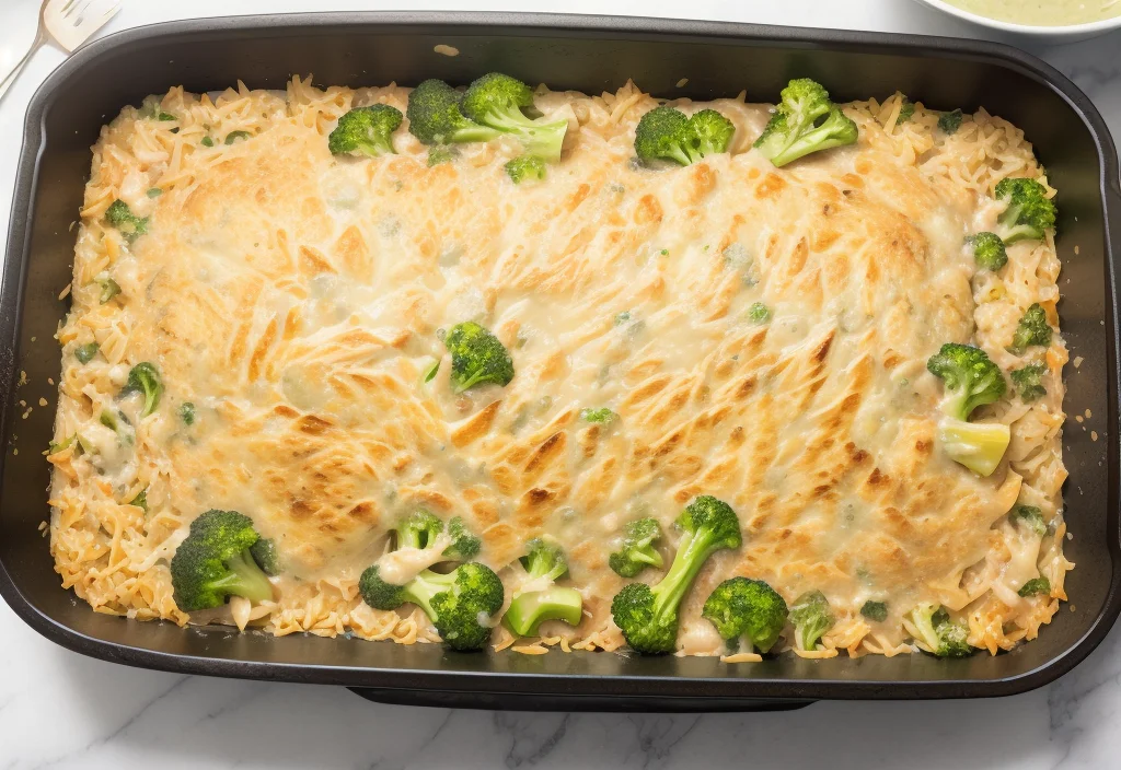 A large rectangular baking dish filled with creamy broccoli and rice casserole, topped with a golden, cheesy crust.