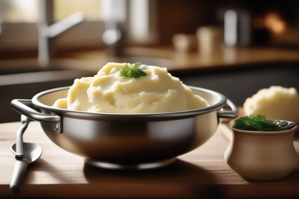 A bowl of creamy mashed potatoes garnished with fresh dill in a stainless steel container on a wooden countertop, with a small pot of herbs nearby.