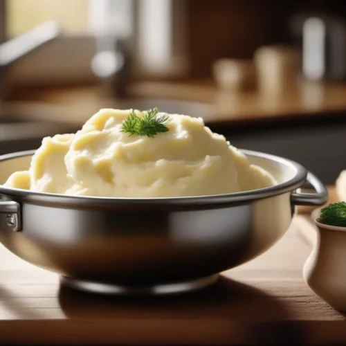 A bowl of creamy mashed potatoes garnished with fresh dill in a stainless steel container on a wooden countertop, with a small pot of herbs nearby.