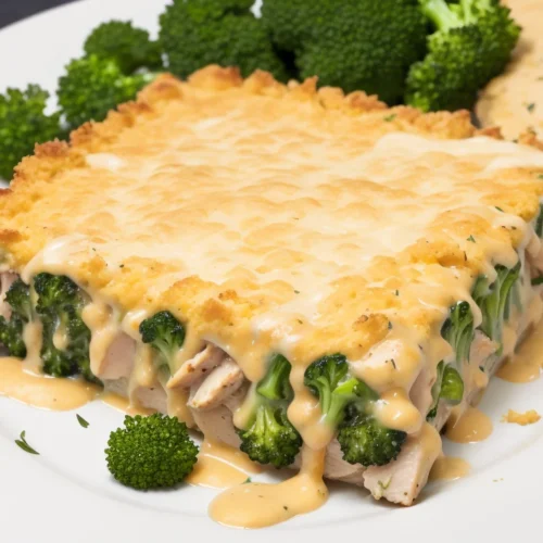 A serving of cheesy broccoli and potato casserole on a white plate, garnished with extra broccoli florets.