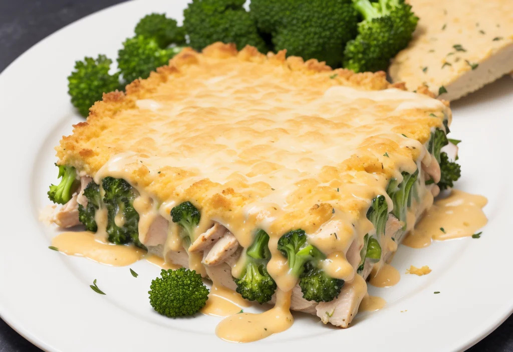 A serving of cheesy broccoli and potato casserole on a white plate, garnished with extra broccoli florets.