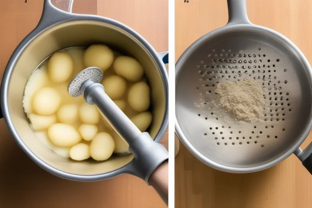 Two views of a potato ricer being used, with boiled potatoes in the pot on the left and processed potatoes on the ricer plate on the right.