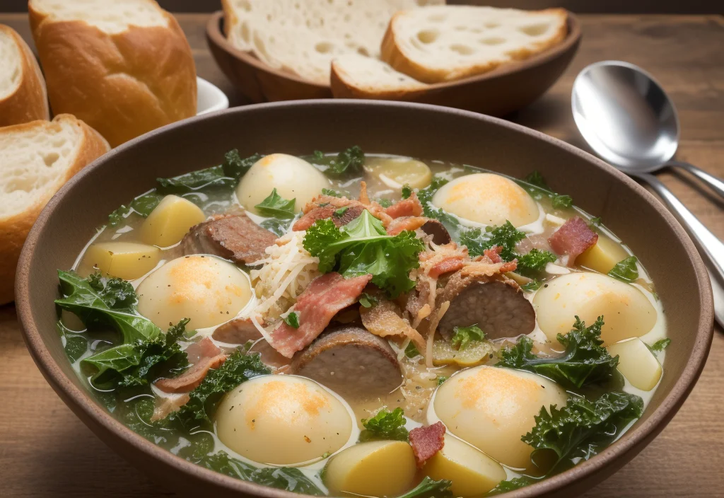 A bowl of soup with boiled eggs, sausage, bacon, kale, and potato, served with bread on the side.