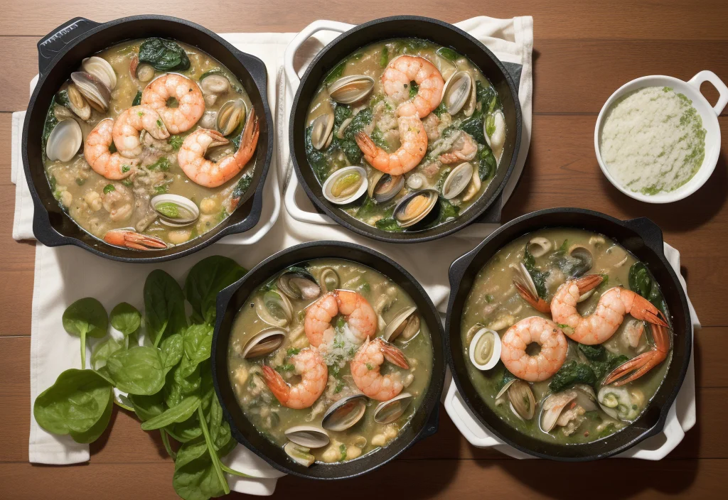 Four cast-iron skillets containing seafood stew with shrimp, clams, and spinach, garnished with fresh herbs.